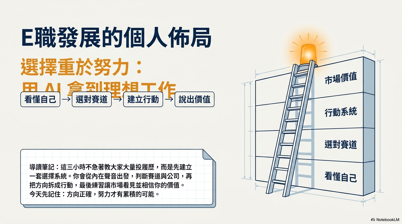 E職發展的個人佈局課程首頁，呈現看懂自己、選對賽道、建立行動與說出價值四個階段