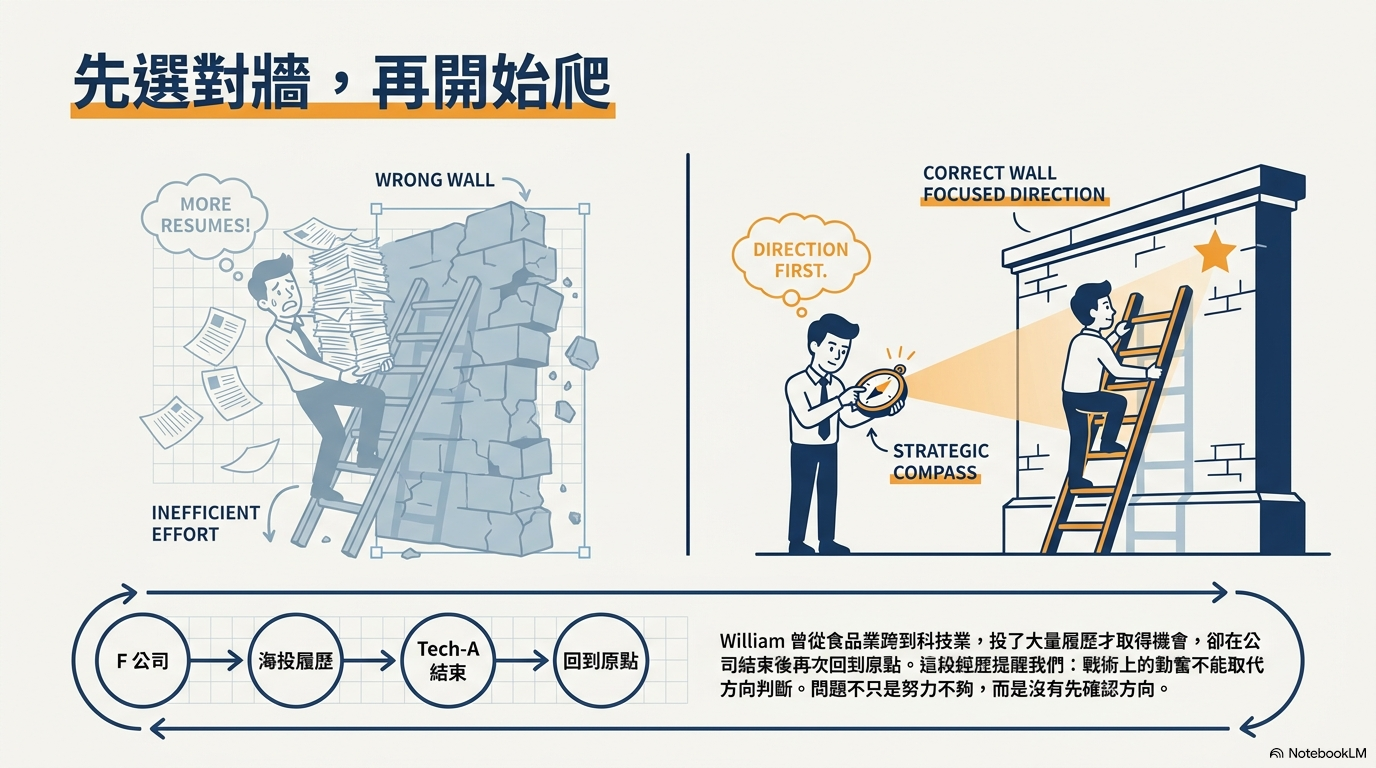 課程教材比較梯子搭在錯牆與先選對方向後再攀爬的差異